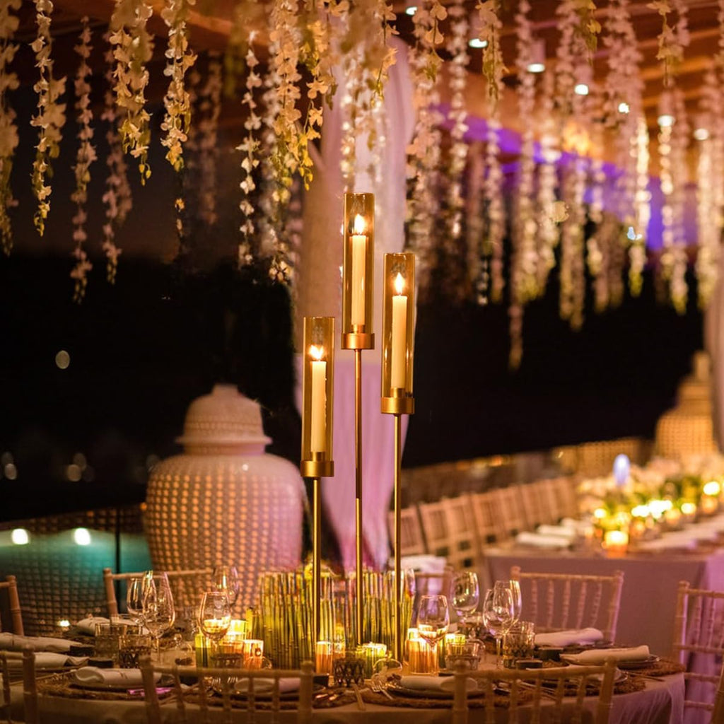 16PCS Gold Candle Holders, 3 Arm Candelabra Centerpiece with Acrylic Lampshade, Tall Metal Candlestick Holder Stand