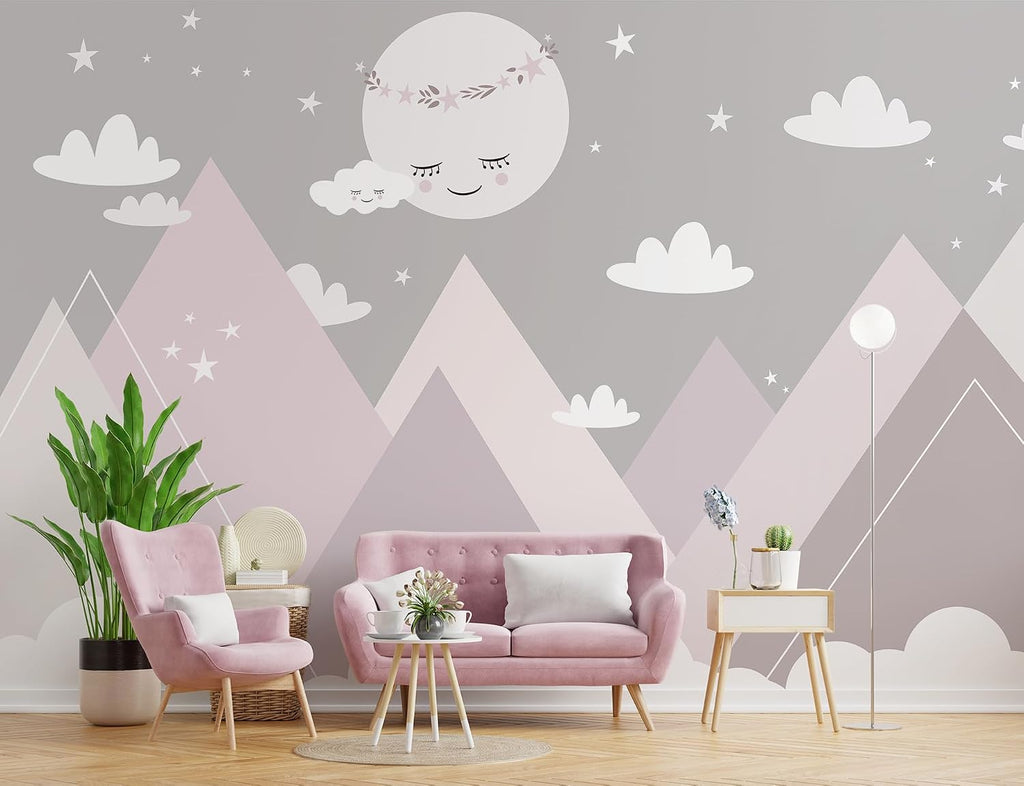 119.6x83inch Large Cartoon Geometric Mountain Wallpaper White Moon and Clouds Wall Decor Decals Murals Peel and Stick