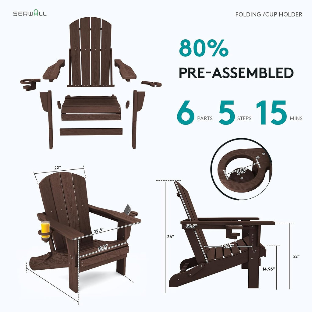 Outdoor Adirondack Chairs Set of 2 with Cup Holders,Foldable,Coffee | HDPE Composite,Waterproof,Wood Grain,Cup &