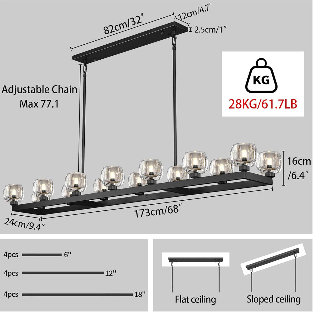 68 Inch Black Rectangle Chandeliers for Dining Room, Black Rectangular Chandelier Over Table, Modern Crystal Long Chandelier for High Ceiling, Farmhouse Large Linear Chandeliers for Kitchen Island