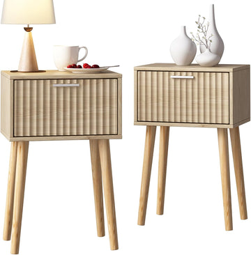 Nightstands Set of 2, Small Side Table, Bedside Table with Fluted Door, Solid Wood Feet; Modern Mid-Century End Table