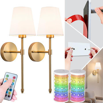 Peel and Stick Wall Sconces, Stick On Wall Sconce Set of 2, Battery Operated Wireless Adhesive Wall Lights, Corn Bulb