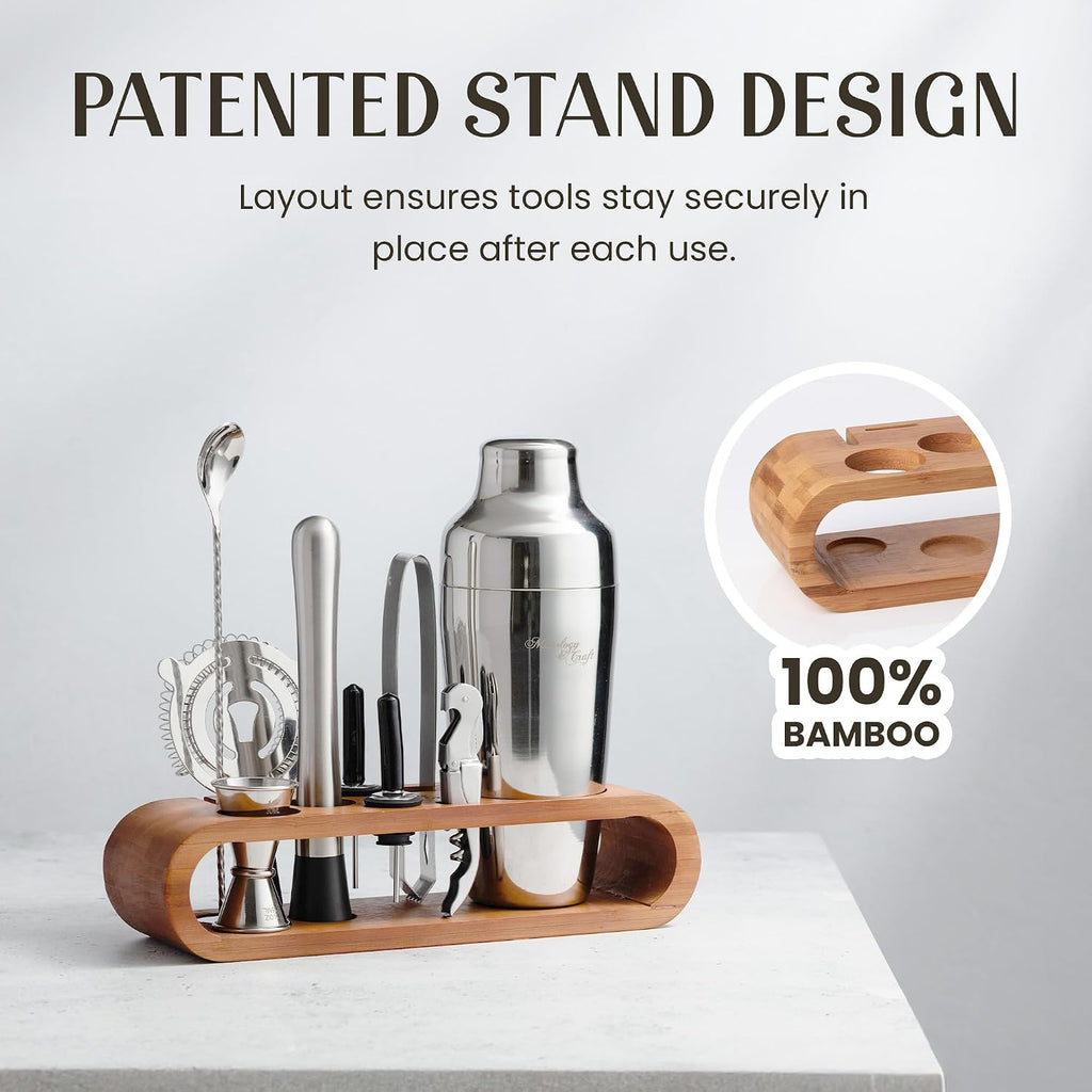 Mixology Cocktail Shaker Set - 10-Piece Cocktail Making Set - Home Bartender Kit in Bamboo Stand with Spoon, Boston