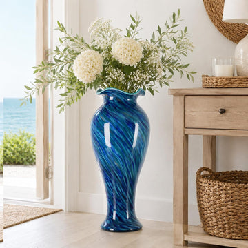 20" Tall Hand Blown Glass Vase - Pretty Ruffle Wide Mouth Decorative Flower Vase, for Modern Home Decor, Ideal