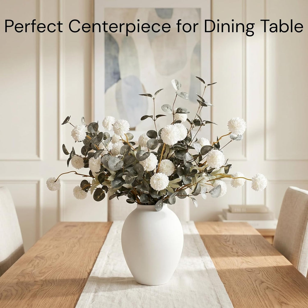 White Artificial Flowers & Greenery With Vase, Faux Floral Arrangement Centerpiece for Dining Table, Realistic Silk