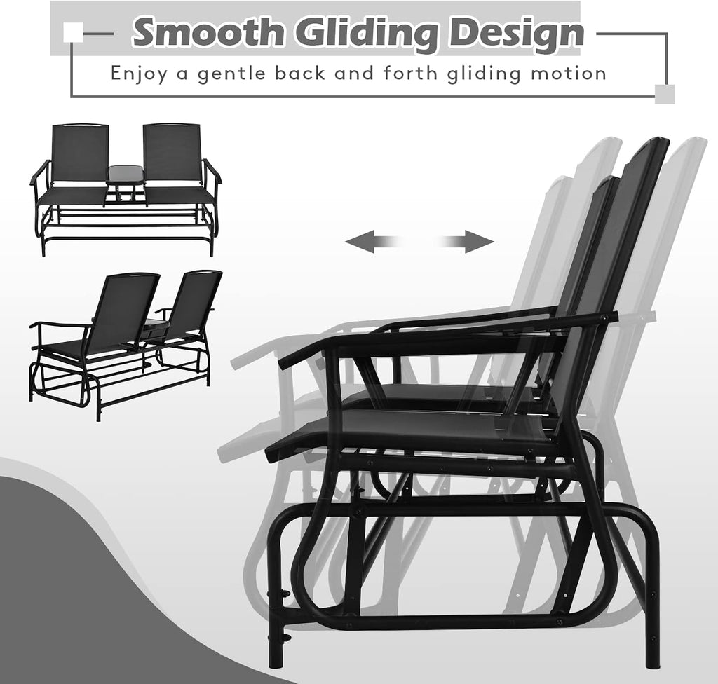 2-Person Outdoor Glider, Patio Glider Bench Chairs with Center Tempered Glass Table & Breathable Loveseat, Double