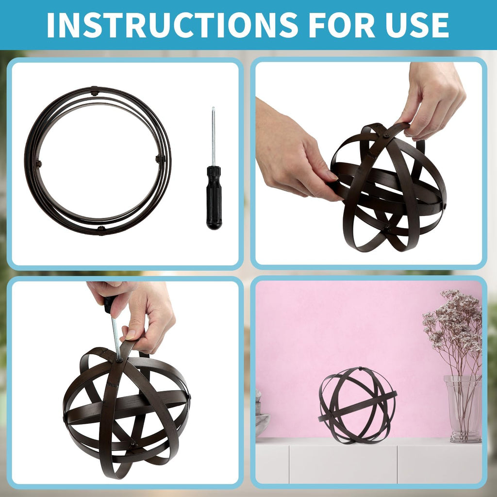 3 PCS Garden Spheres Balls Assorted Size Distressed Metal Band Decorative Sphere Folding Orbs Sculpture for Outdoor