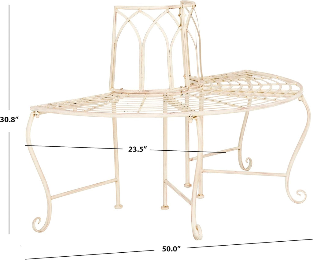 Outdoor - Abia Iron Tree Bench - Distressed White Iron Metal - Vintage Scrollwork Garden Design - Ideal , Deck
