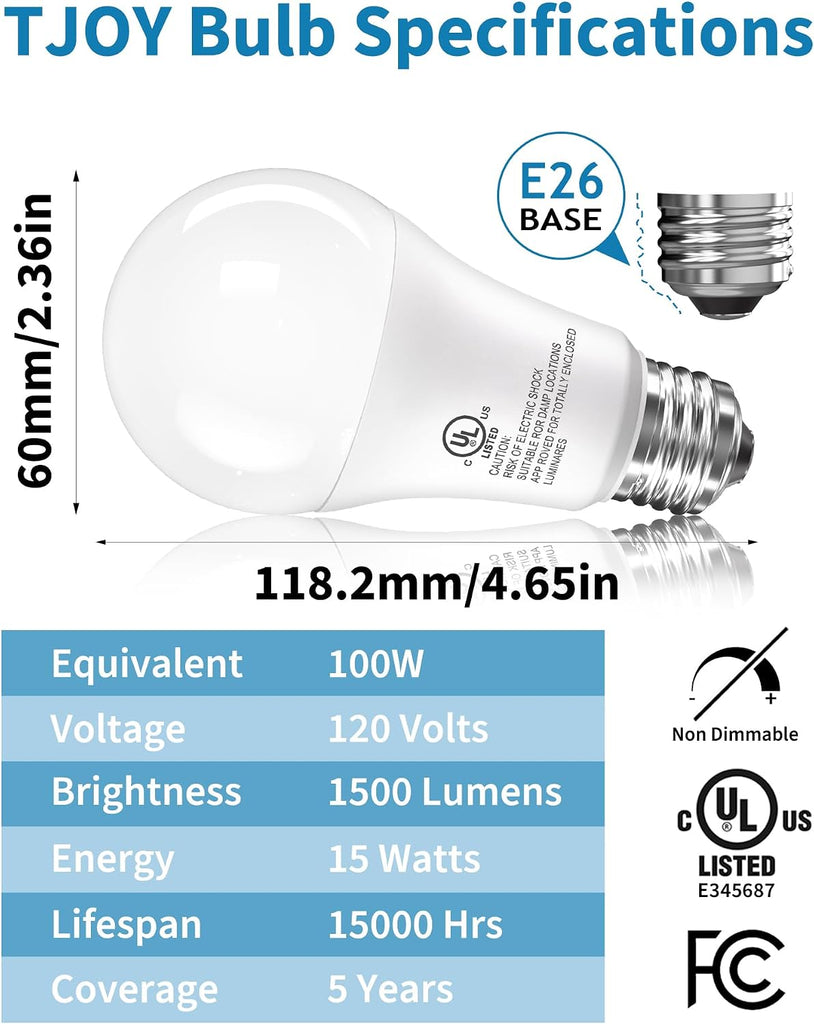6 Pack LED Light Bulbs, 100 Watt Equivalent A19 Lightbulbs, 15W 5000K Daylight White, Bright Energy Efficient LED