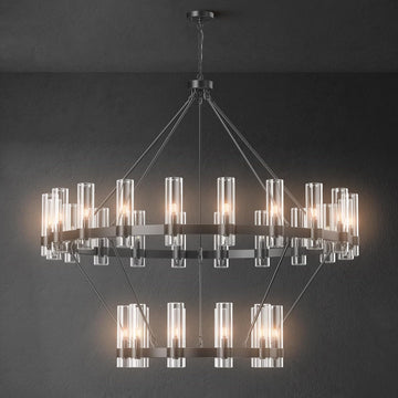 Inspired Ravelle Style Wagon Wheel Chandelier, 30-Lights Black Chandelier with Glass Shade,60 Inch Large Round Industrial High Ceilings Pendant Lighting Fixture for Dining Room, Living Room, Kitchen Island, Foyer
