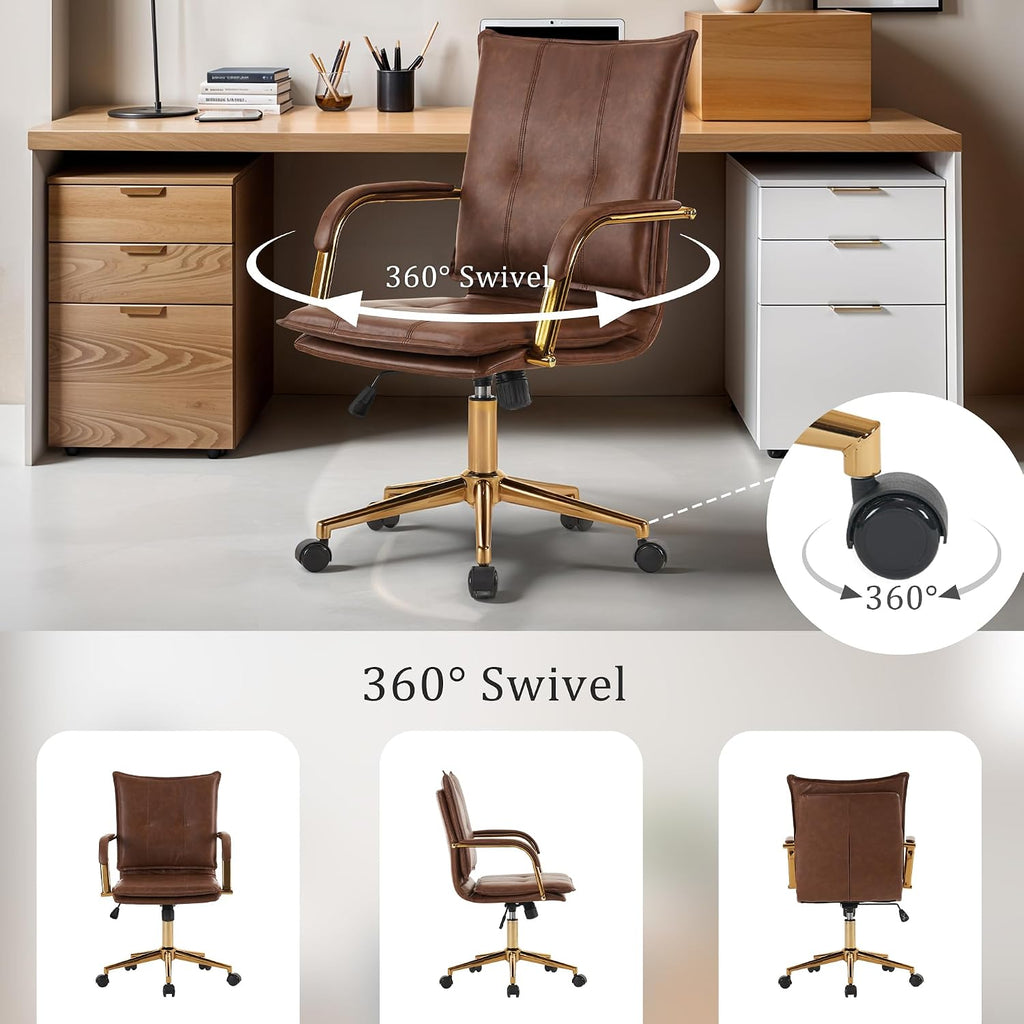 Mid-Back Ergonomic Leather Office Desk Chair, Modern Upholstered Computer Chair, Executive with Arms, Swivel
