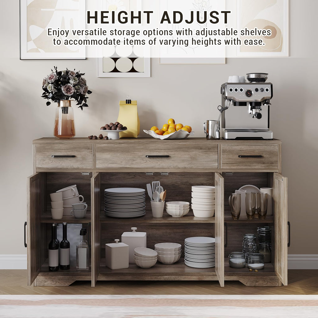 Modern Buffet Sideboard Kitchen Storage Cabinet with 3 Drawers, 55" Large Farmhouse Buffet Cabinet with Shelves and