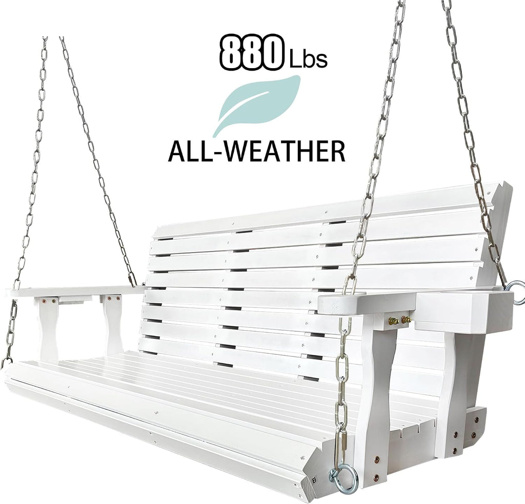 Wooden Porch Swing 3-Seater, High Backrest and Deep Seat, Bench Swing with Cupholders, Hanging Chains and 7mm