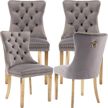 Grey Velvet Dining Chairs Set of 4, Upholstered Tufted Kitchen Chairs with Gold Legs, Mid Century Modern Dining Room