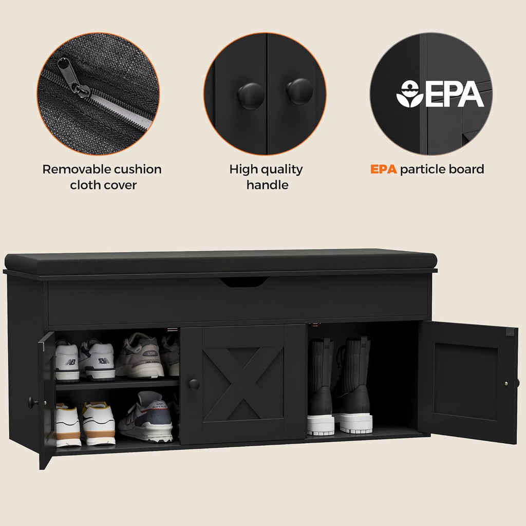 Shoe Storage Bench with Lift Top & 3 Barn Doors, Entryway Bench with Removable Cushion, Adjustable Shelf, Hidden