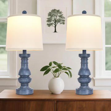 2 Pack Distressed Blue Resin Table Lamps, 22" Rustic Farmhouse Bedside Lamps with White Fabric Shades Living Room