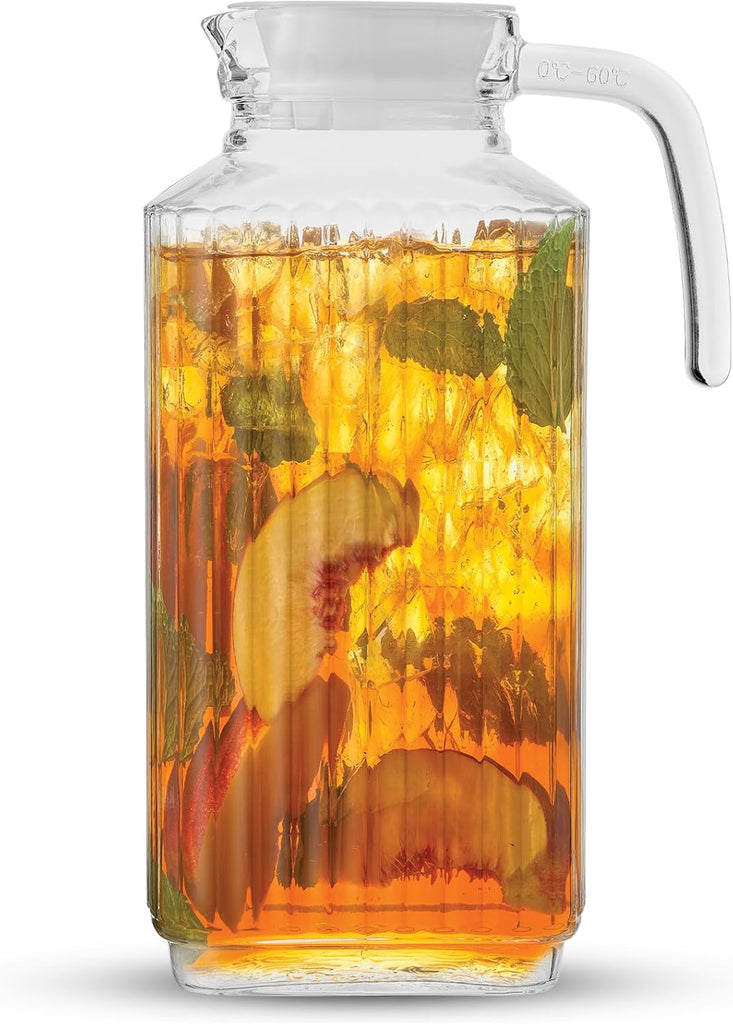 60oz Glass Pitcher with Lid (2 Lids) - Beverage Serveware and Storage Container for Cold Drinks and Liquids. Juice