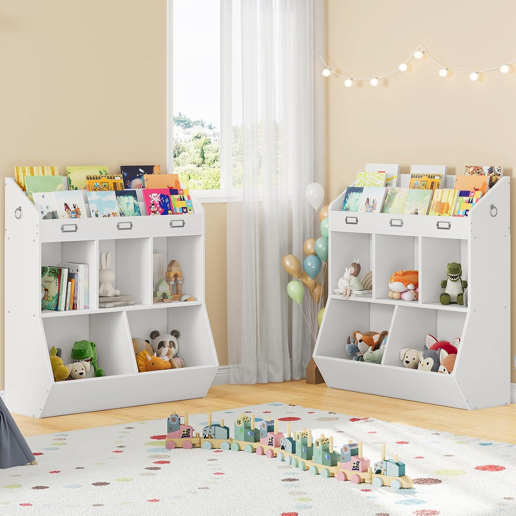 Kids Bookshelf and Toy Storage Organizer, 3 Tier Toddler Bookshelf and 5 Toy Storage Cubbies, Bookshelf for Kids