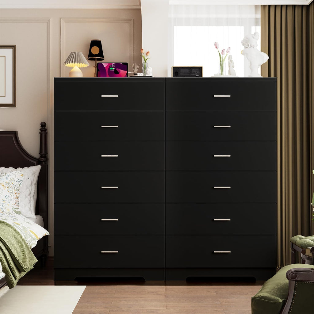 48" Tall Dresser Chest of Drawers with Power Outlets Wood 6 Drawers Dresser with Large Storage Space and Metal