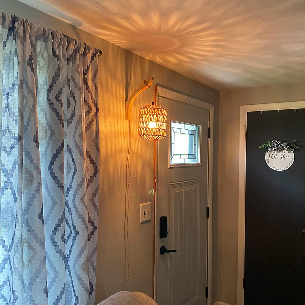 Plug in Wall Sconces Set of Two Hand Woven Lamp with Cord Rattan Lights Farmhouse Sconce Mounted Light Boho