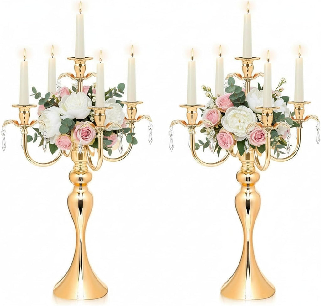 5-Arm Candle Centerpieces for Tables: Gold Metal Candle Holders, Vintage Candelabra Centerpieces, 20.3" Tall