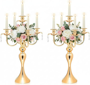5-Arm Candle Centerpieces for Tables: Gold Metal Candle Holders, Vintage Candelabra Centerpieces, 20.3" Tall