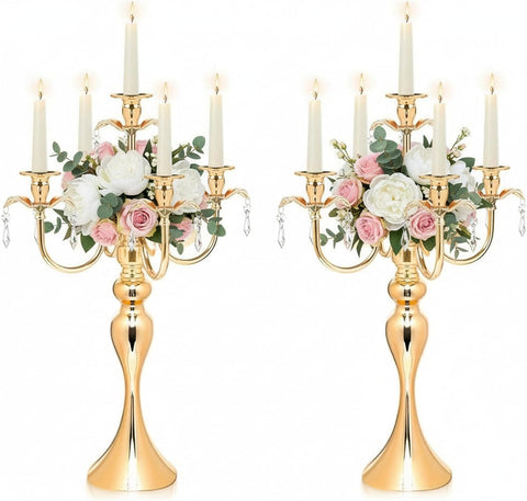 5-Arm Candle Centerpieces for Tables: Gold Metal Candle Holders, Vintage Candelabra Centerpieces, 20.3" Tall