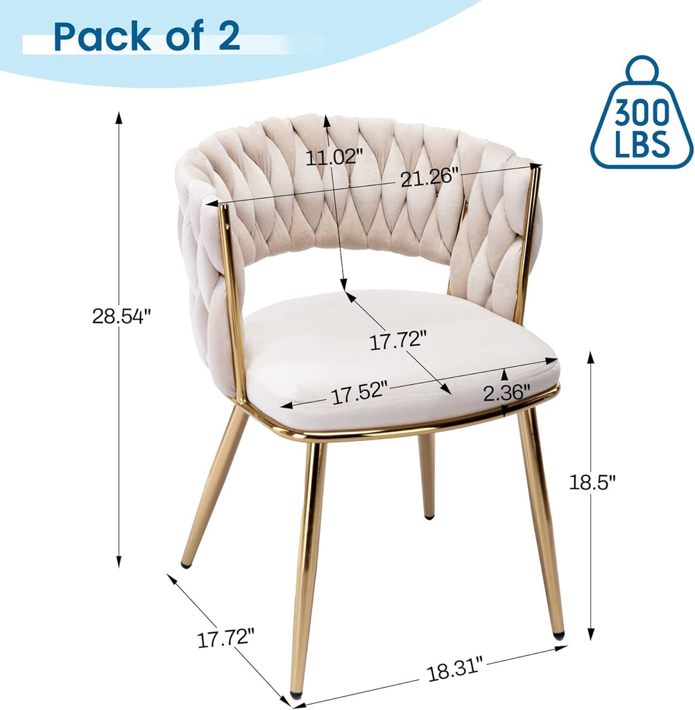 Modern Velvet Dining Chairs Set of 2, Upholstered Living Room Chair with Woven Back and Golden Metal Legs