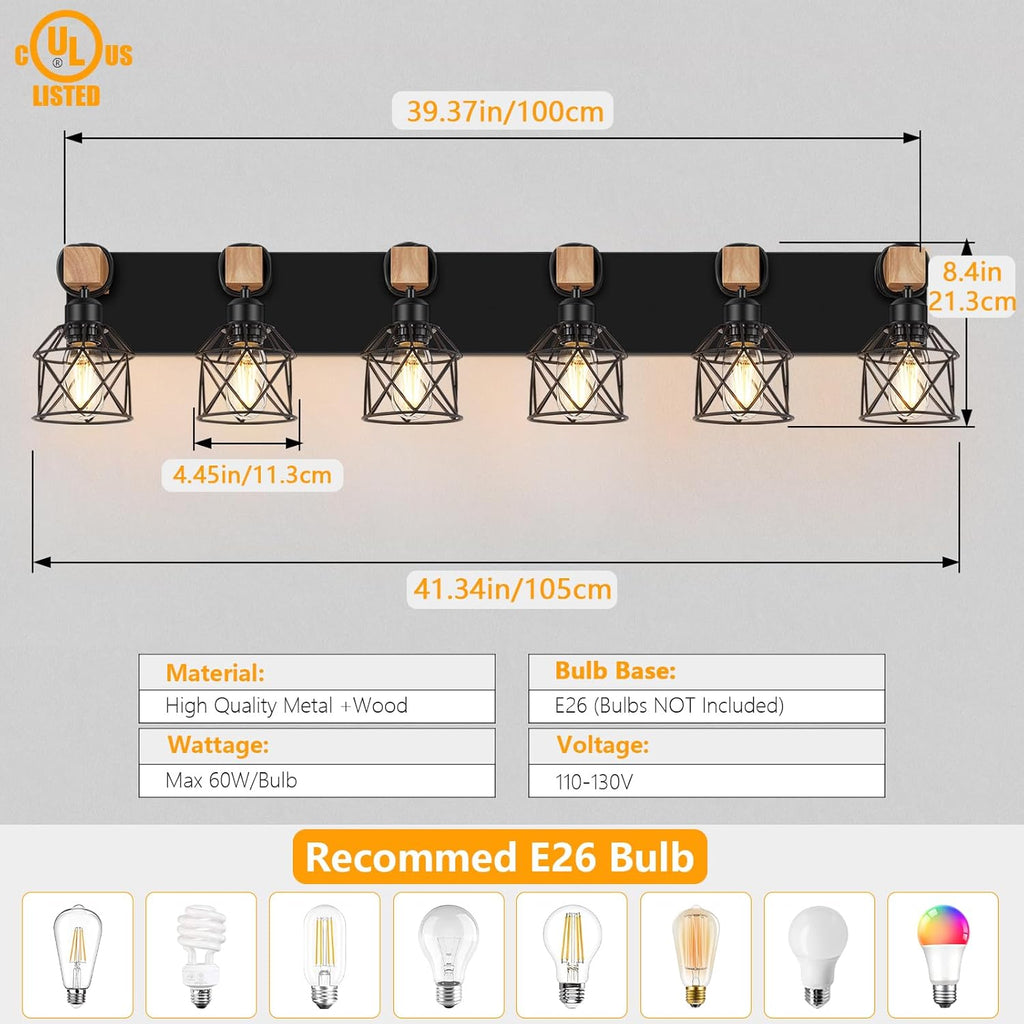 6-Light Bathroom Vanity Light, Bathroom Wall Lamps Over Mirror | Rustic Wood & Black Metal Shade, Wood Black Vanity