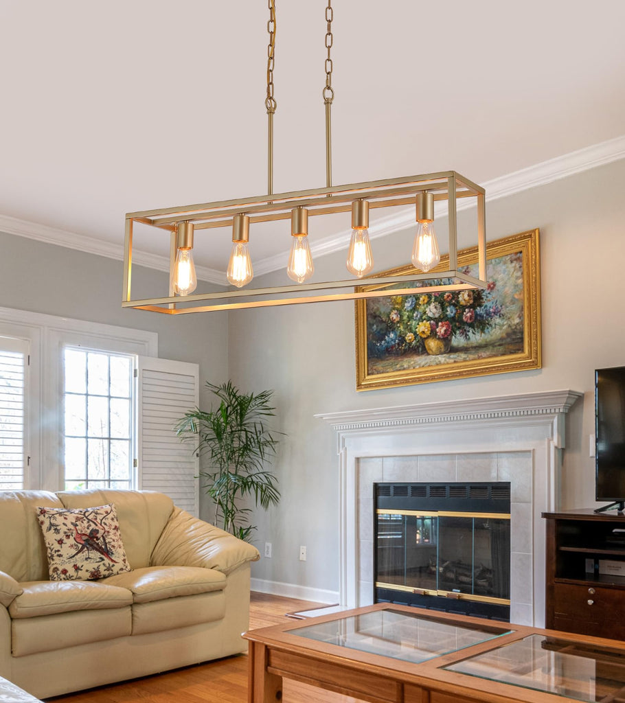 Gold Rectangle Kitchen Island Lights Rectangular Modern Industrial Chandelier 5 Lights Linear Vintage Cage Light