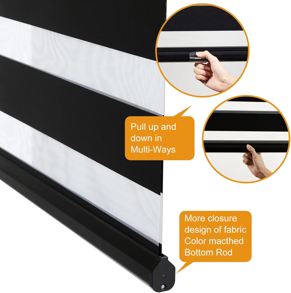Cordless Zebra Blinds for Windows (34" W X 64" H, Black) Free-Stop Windows Shades Dual Layer Light Control for Day