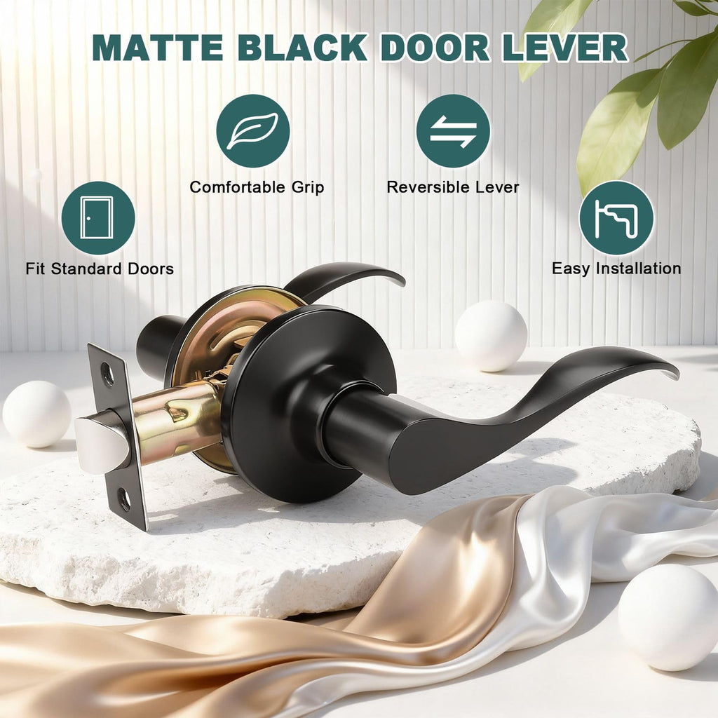6 Pack Passage Lever Door Handle Matte Black, Stainless Steel Closet Door Handles Keyless Reversible Door Levers