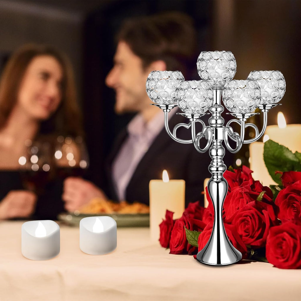 2 Pcs Wedding 5 Arm Crystal Silver Candelabra Table Centerpieces with 12 LED Light 21.5'' Tall Candle Holder Bowl