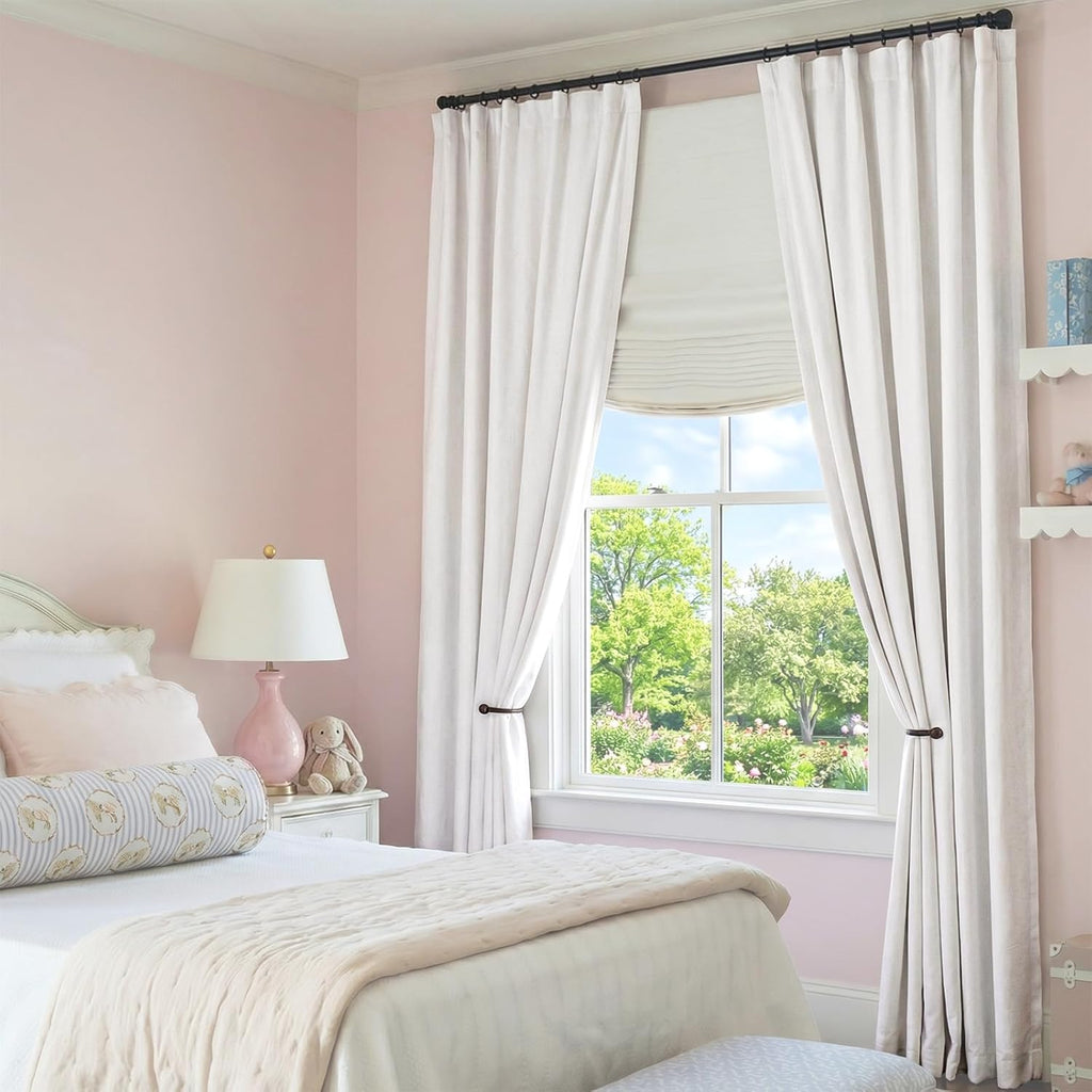 100% Blackout Curtains for Bedroom Decor White Linen Textured Curtains with Liner Insulated Thermal Curtains