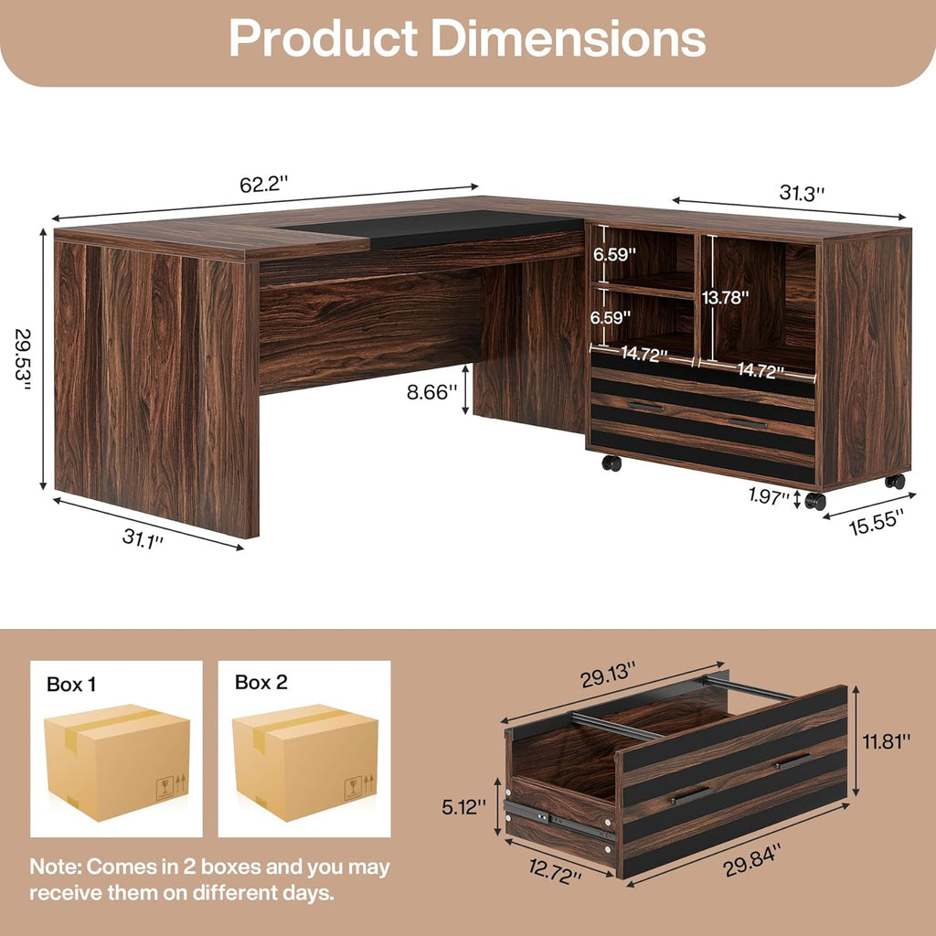 62.2" Executive Desk with Mobile File Cabinet, L-Shaped Office Desk with Storage Shelves