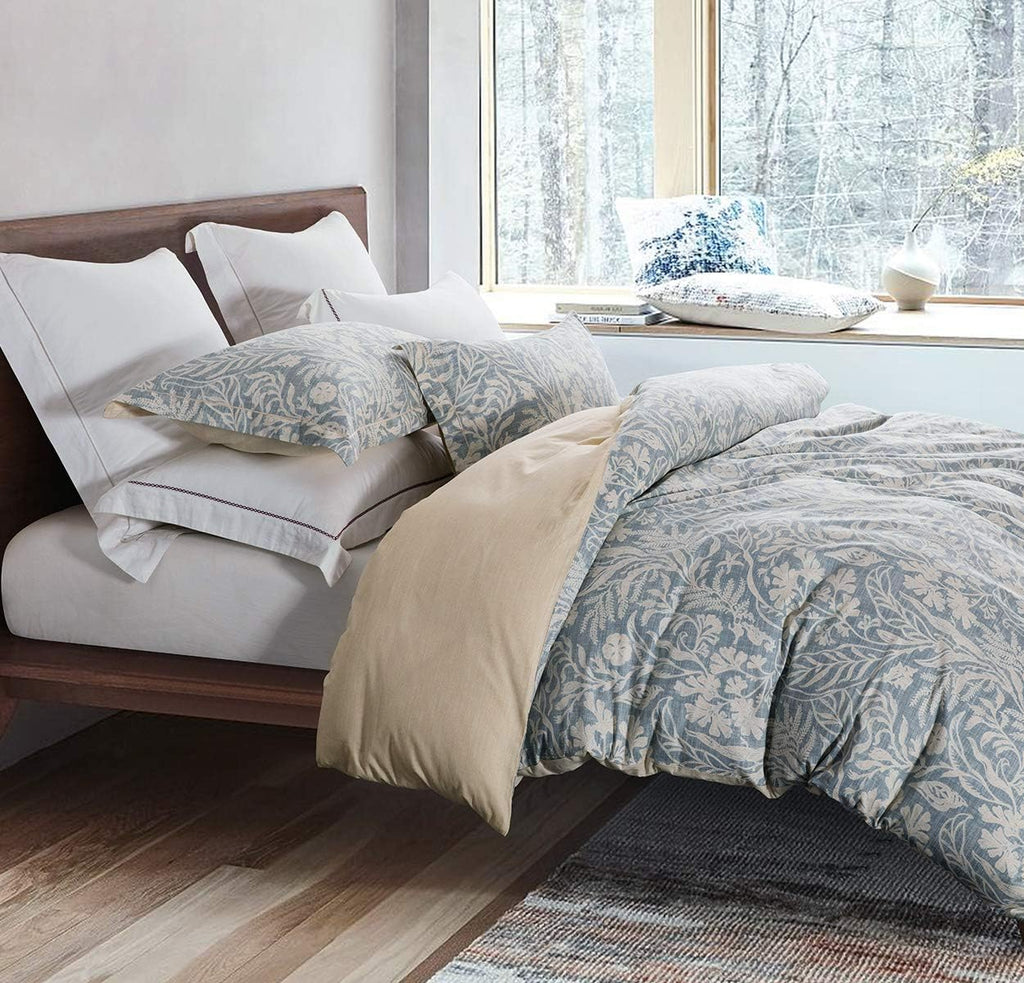 Duvet Cover Queen, 600 Thread Count Cotton Beige & Bluish Grey Printed with Luxurious Leaves Pattern Reversible - Set of 3