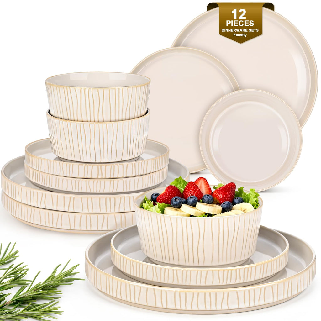 Stoneware Dinnerware Sets for 4, 12 Pcs Ribbed Reactive Glaze Ceramic Plates and Bowls Sets, Chip Resistant