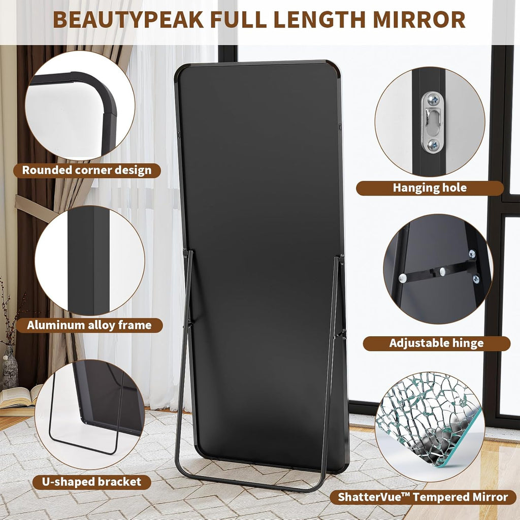 Black Full Length Mirror, 56"x21" Rounded Corner Floor Mirror Standing Hanging or Leaning Against Wall, Suitable or