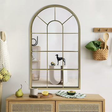 Wall Mirror Window Decorative Mirrors Arched Farmhouse Bedroom Entryway Bathroom Vanity (Gold, 41.3" x 24" x 1")