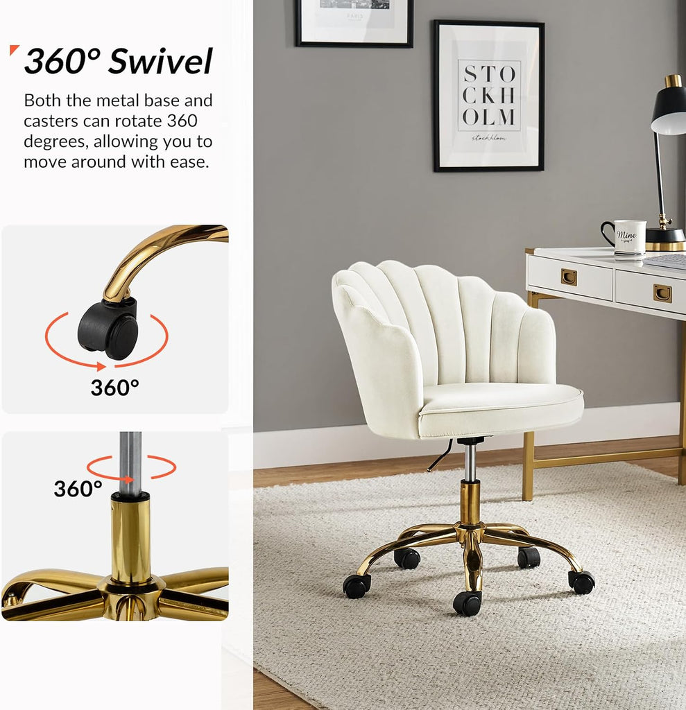 Velvet Home Office Desk Chair with Gold Base, Adjustable Swivel Task Chair for Vanity, Women's Modern Cute Shell Back