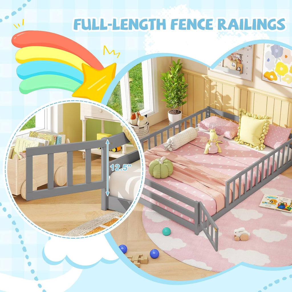 Full Floor Bed with Door & Fence, Kids Wood Montessori Beds with Safety Guardrails, Floor Bed Twin for Kids, Boys
