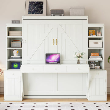 Queen Murphy Bed with Desk and Lights, Power Outlet, Foldable Murphy Cabinet Bed with Open Storage Shelves & Drawers