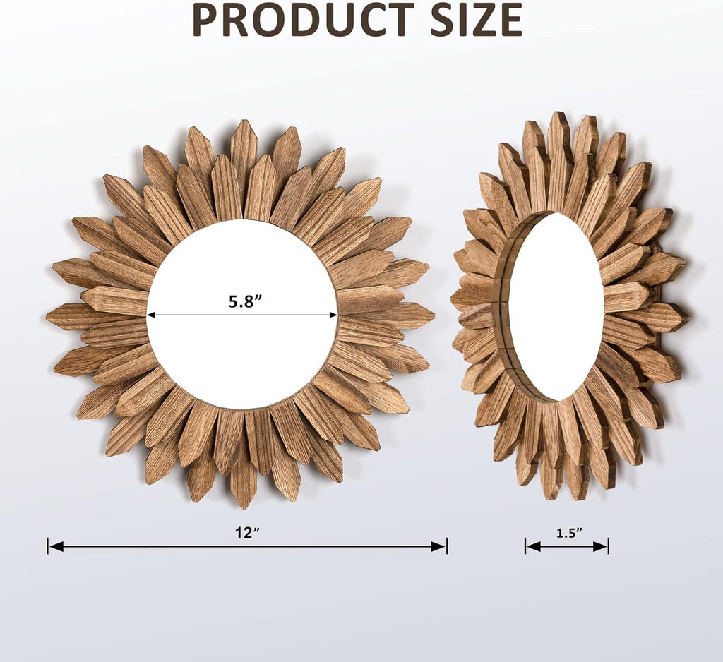 Wall Mirror Decorative 12 inch Rustic Wood Mirror Sunburst Boho Mirror Bedroom Living Room Bathroom House Warming