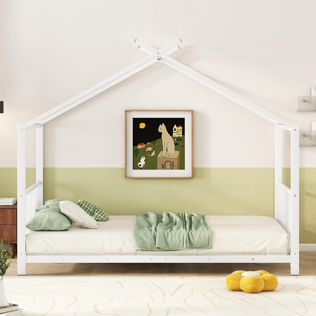 Twin Size Kids Montessori Floor Bed,Houe Bed Frame with High Headboard,Twin Floor Bed with Roof for Boys Girls,Floor