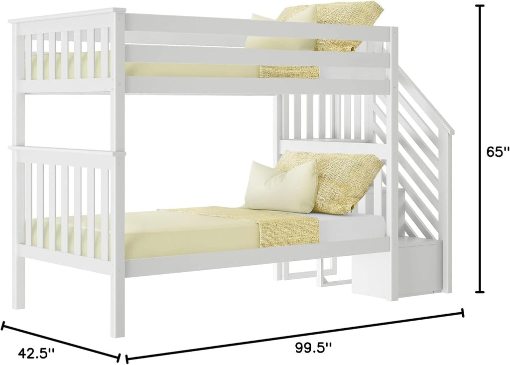 Bunk Bed, Twin-Over-Twin Bed Frame For Kids With Stairs, Clay