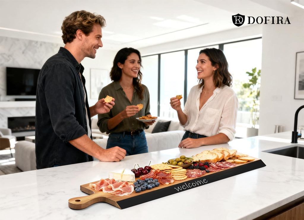 32" Acacia Charcuterie Board with Handle - Extra Long Serving Platter with Chalkboard Edge for Cheese, Meat &