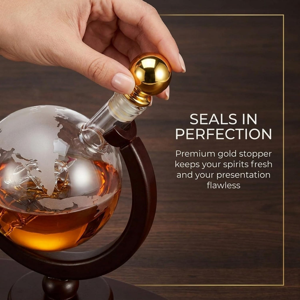 Gifts for Men, Whiskey Decanter Globe Set with 2 Etched Whiskey Glasses - for Liquor Scotch Bourbon Vodka, Gifts For