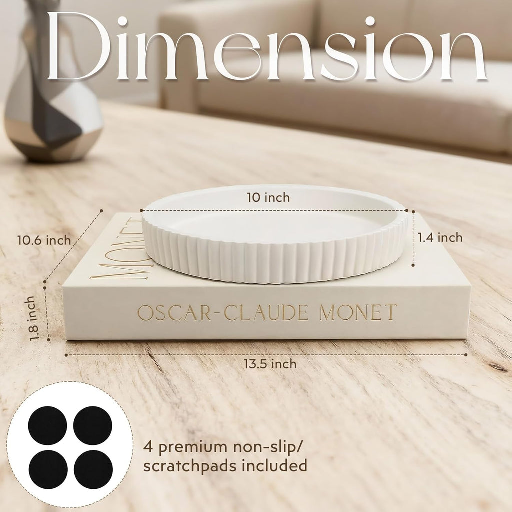 Decorative Concrete Tray & Book Set - Modern Scalloped Home Decor Tray & Linen Storage Box for Coffee Table