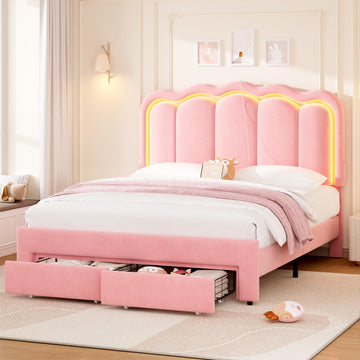 Queen Upholstered LED Bed Frame with 2 Storage Drawers and Adjustable Chic Double Wavy Headboard, Velvet Princess