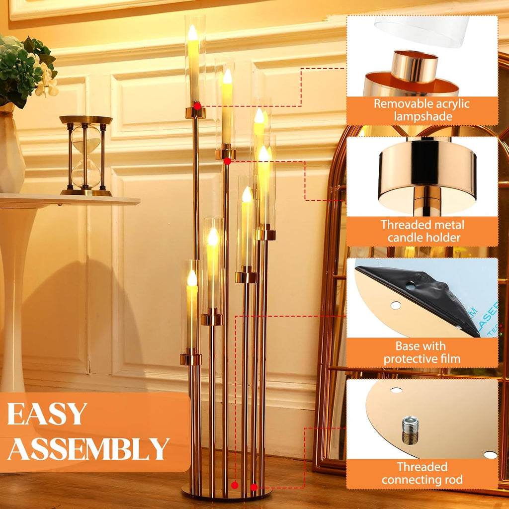 4 Sets Gold 7 Arm Floor Candelabra 46.5'' Tall Floor Candle Holders Metal Candle Holders with Acrylic